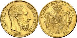 Bélgica. 1868. Leopoldo II. 20 francos. ... 