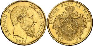 Bélgica. 1874. Leopoldo II. 20 francos. ... 