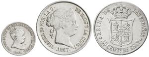 1845, 1864 y 1867. Isabel II. 1 real y 40 ... 