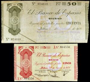 1936. Bilbao. 5 y 50 pesetas. 2 billetes, ... 