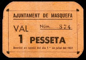 Masquefa. 1 peseta. (T. 1688). Cartón, nº ... 