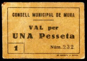 Mura. 1 peseta. (T. 1876). Cartón, nº 232. ... 