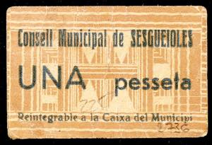 Sesgueioles. 1 peseta. (T. 2736). Cartón. ... 