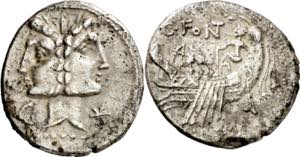 (hacia 114-113 a.C.). Gens Fonteia. Denario. ... 