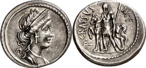 (hacia 55 a.C.). Gens Licinia. Denario. ... 