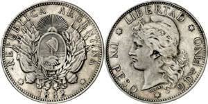 Argentina. 1882. 1 peso. (Kr. 29). AG. 24,83 ... 