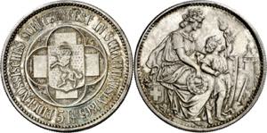 Suiza. 1865. 5 francos. (Kr. 58). Festival ... 