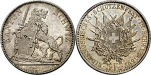 Suiza. 1867. 5 francos. (Kr. 59). Festival ... 