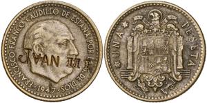 1947*1954. Franco. 1 peseta. Contramarca ... 