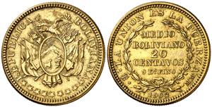 Bolivia. 1902. 1/2 boliviano / 20 centavos. ... 