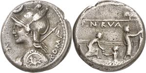 (hacia 113-112 a.C.). Gens Licinia. Denario. ... 