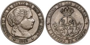 1868. Isabel II. Barcelona. OM. 1 céntimo ... 