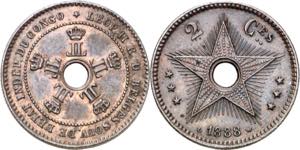 Congo belga. 1888. Leopoldo II. 2 céntimos. ... 