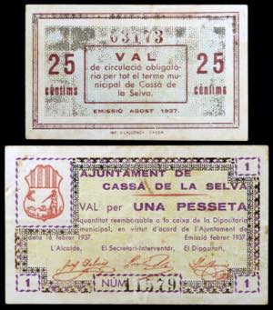 Cassà de la Selva. 25 céntimos y 1 peseta. ... 