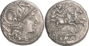 (hacia 152 a.C.). Gens Saufeia. Denario. ... 