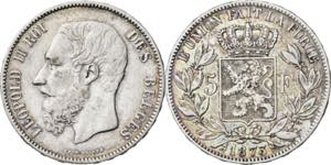 Bélgica. 1873. Leopoldo II. 5 francos. (Kr. ... 