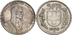 Suiza. 1925. B (Berna). 5 francos. (Kr. 38). ... 