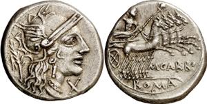(hacia 122 a.C.). Gens Papiria. Denario. ... 
