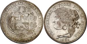 Perú. 1881. Ayacucho. B. 5 pesetas. (Kr. ... 