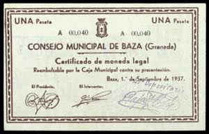 Baza (Granada). Consejo Municipal. 1 peseta. ... 