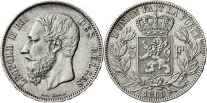 Bélgica. 1868. Leopoldo II. 5 francos. (Kr. ... 