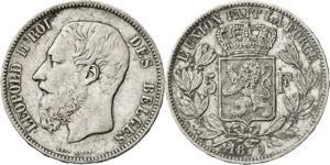 Bélgica. 1870. Leopoldo II. 5 francos. (Kr. ... 