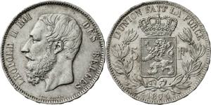 Bélgica. 1874. Leopoldo II. 5 francos. (Kr. ... 