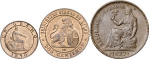 Lote de 3 monedas: 1 y 2 céntimos 1870 y 50 ... 