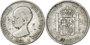 1891*--91. Alfonso XIII. PGM. 5 pesetas. ... 