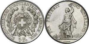 Suiza. 1872. 5 francos. (Kr. S11). Festival ... 
