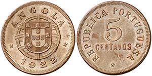 1922. Angola. 5 centavos. (Kr. 62). 7,80 g. ... 