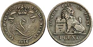 1856. Bélgica. Leopoldo I. 1 céntimo. (Kr. ... 
