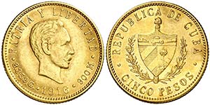 1916. Cuba. 5 pesos. (Fr. 4) (Kr. 19). 8,35 ... 