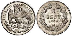 1864. México. M (México). 5 centavos. (Kr. ... 