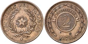 1870. Paraguay. 2 céntimos. (Kr. 3). 10,17 ... 