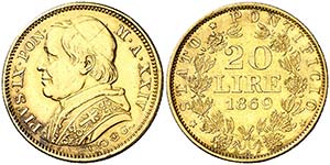1869. Vaticano. Pío IX. R (Roma). 20 liras. ... 