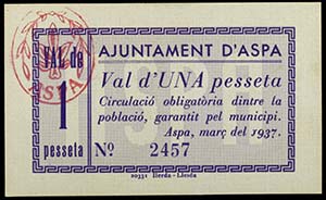 Aspa. 1 peseta. (T. 304). Único billete de ... 