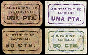 Castellolí. 50 céntimos (dos) y 1 peseta ... 