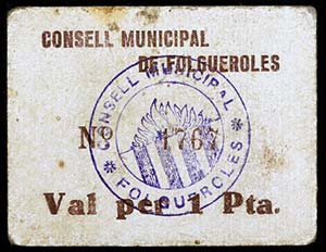 Folgueroles. 1 peseta. (T. 1203). Cartón. ... 