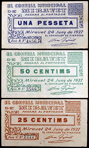 Miravet. 25, 50 céntimos y 1 peseta. (T. ... 