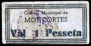 Montcortès. 1 peseta. (T. 1741). Raro. MBC-.