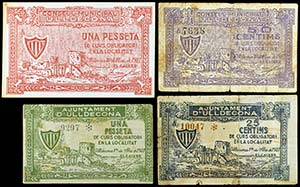 Ulldecona. 25, 50 céntimos (dos) y 1 peseta ... 