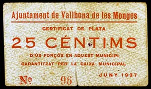 Vallbona de les Monges. 25 céntimos. (T. ... 