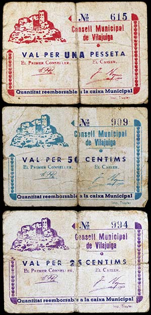 Vilajuiga. 25, 50 céntimos y 1 peseta. (T. ... 