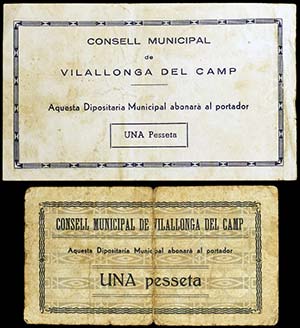 Vilallonga del Camp. 1 peseta (dos). (T. ... 