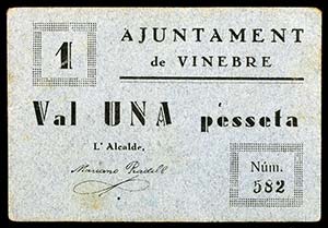 Vinebre. 1 peseta. (T. 3375c). Cartón. Muy ... 