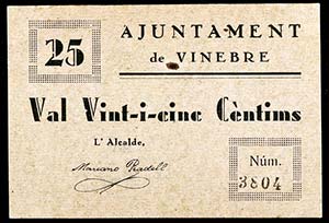 Vinebre. 25 céntimos. (T. 3376c). Cartón. ... 