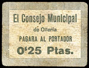 Ollería (Valencia). 0,25 pesetas. (KG. ... 