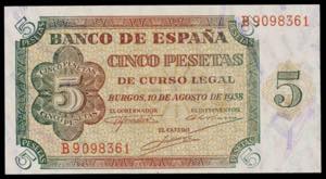 1938. Burgos. 5 pesetas. (Ed. D36a) (Ed. ... 