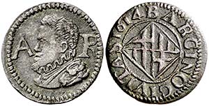 1614. Felipe III. Barcelona. 1 ardit. (Cal. ... 